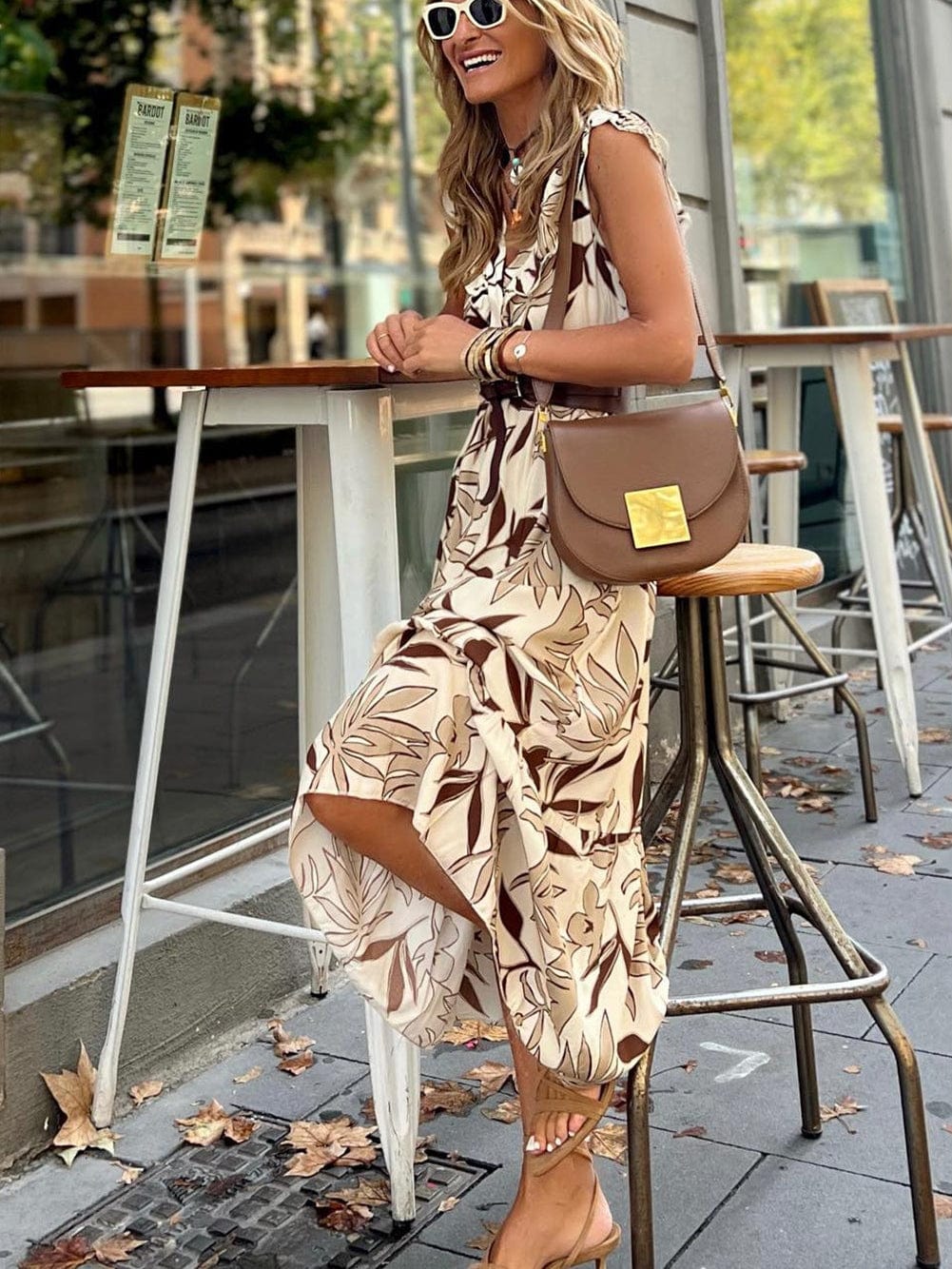Elegant Brown Leaves Print V-Neck Ruffle Sleeve Maxi Dress