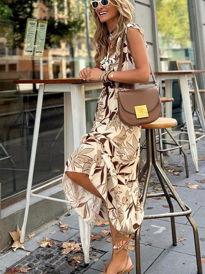 Elegant Brown Leaves Print V-Neck Ruffle Sleeve Maxi Dress