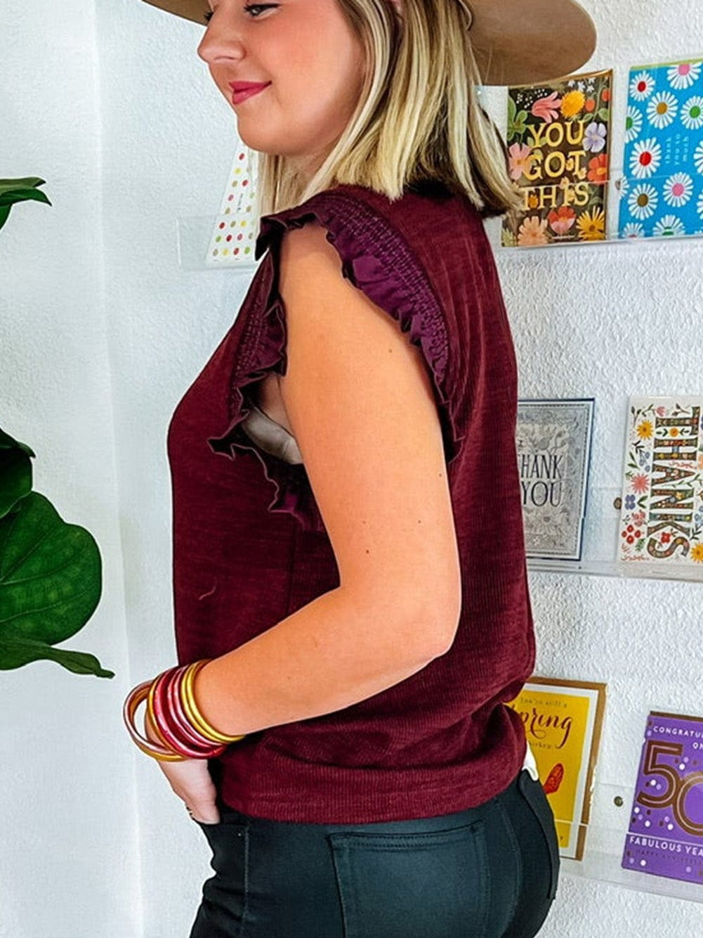 Elegant Burgundy Frilled Neck Flutter Sleeve Blouse