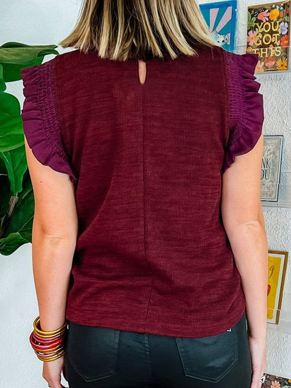 Elegant Burgundy Frilled Neck Flutter Sleeve Blouse