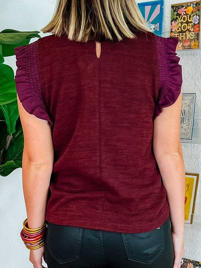Elegant Burgundy Frilled Neck Flutter Sleeve Blouse