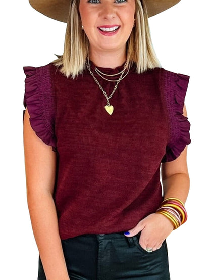 Elegant Burgundy Frilled Neck Flutter Sleeve Blouse