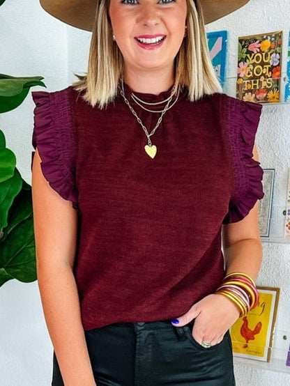 Elegant Burgundy Frilled Neck Flutter Sleeve Blouse
