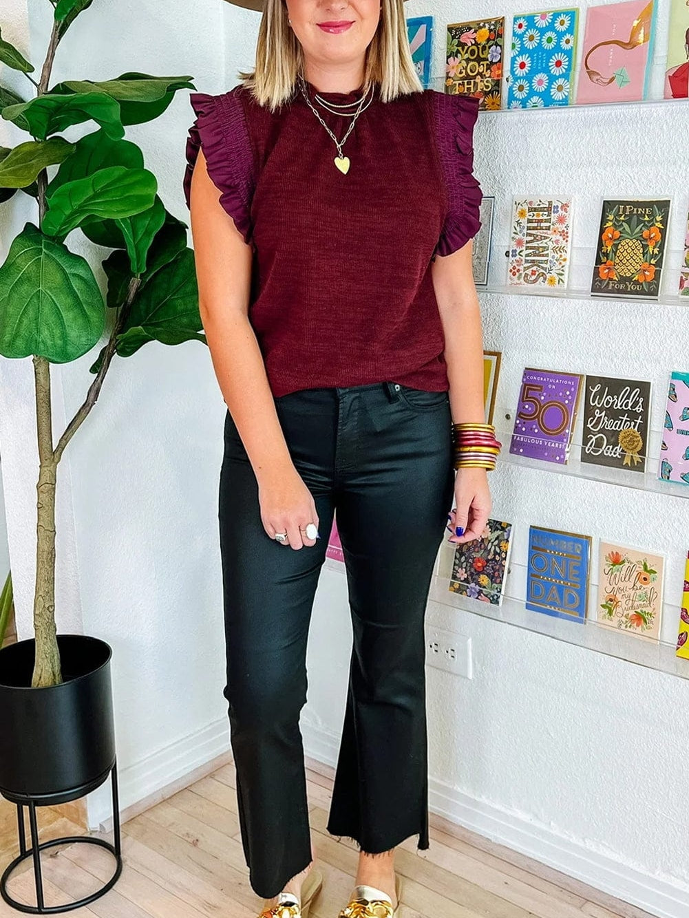 Elegant Burgundy Frilled Neck Flutter Sleeve Blouse