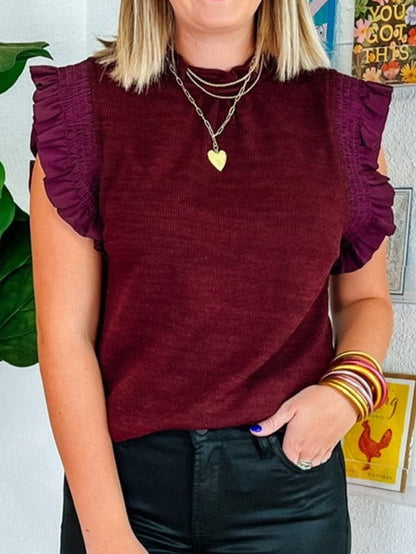 Elegant Burgundy Frilled Neck Flutter Sleeve Blouse
