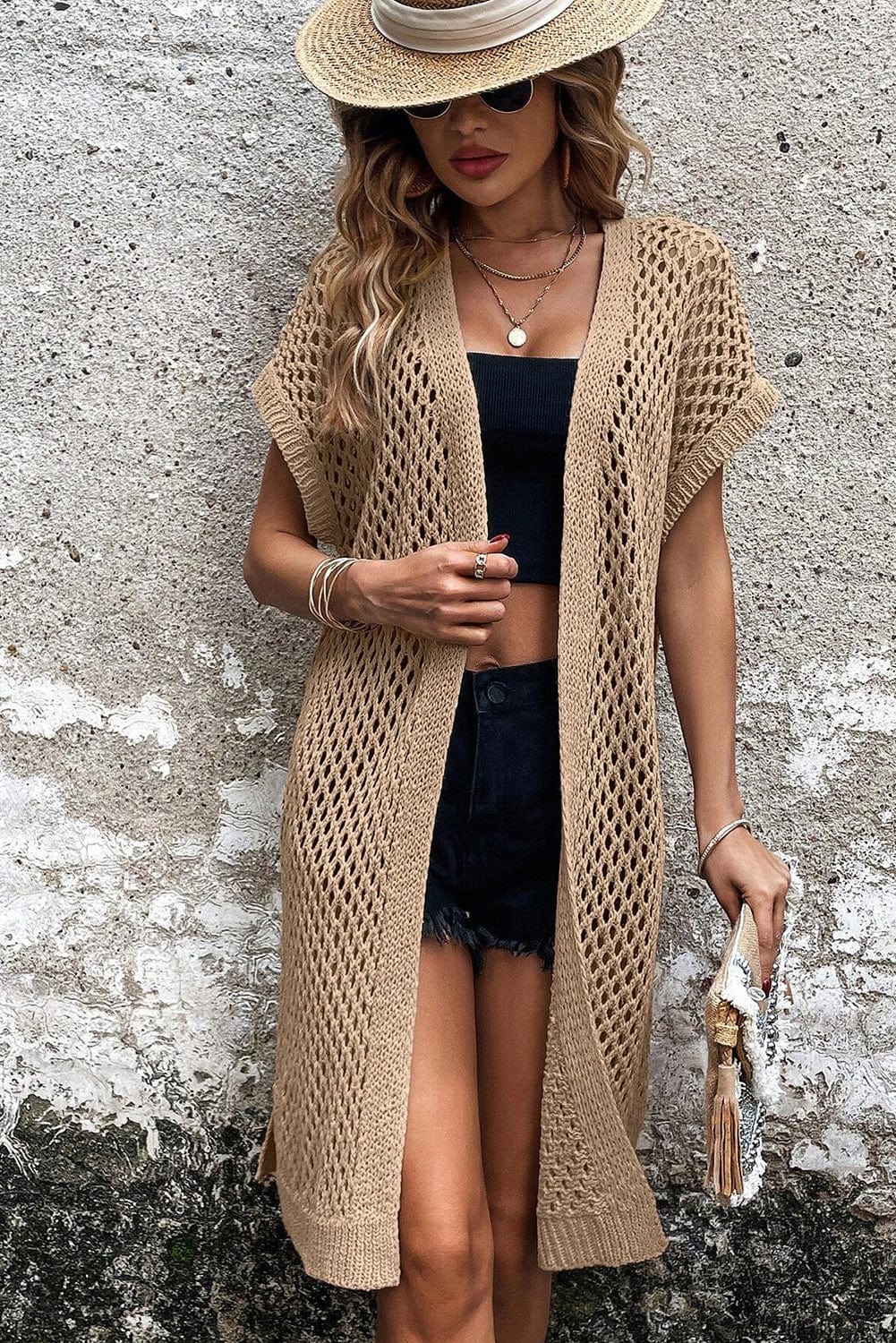 Elegant Camel Open Front Knit Cardigan with Batwing Sleeves