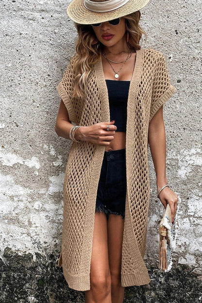 Elegant Camel Open Front Knit Cardigan with Batwing Sleeves