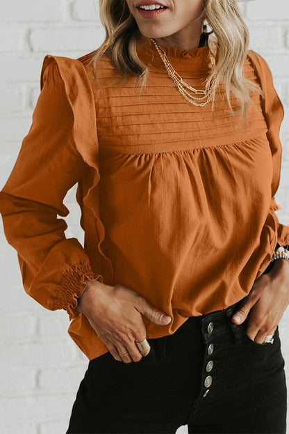 Elegant Camel Ruffle Sleeve Stand Neck Blouse