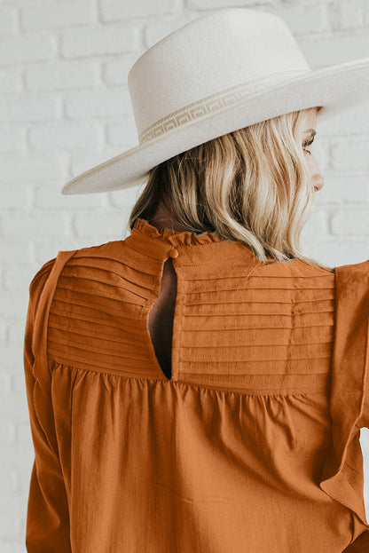 Elegant Camel Ruffle Sleeve Stand Neck Blouse