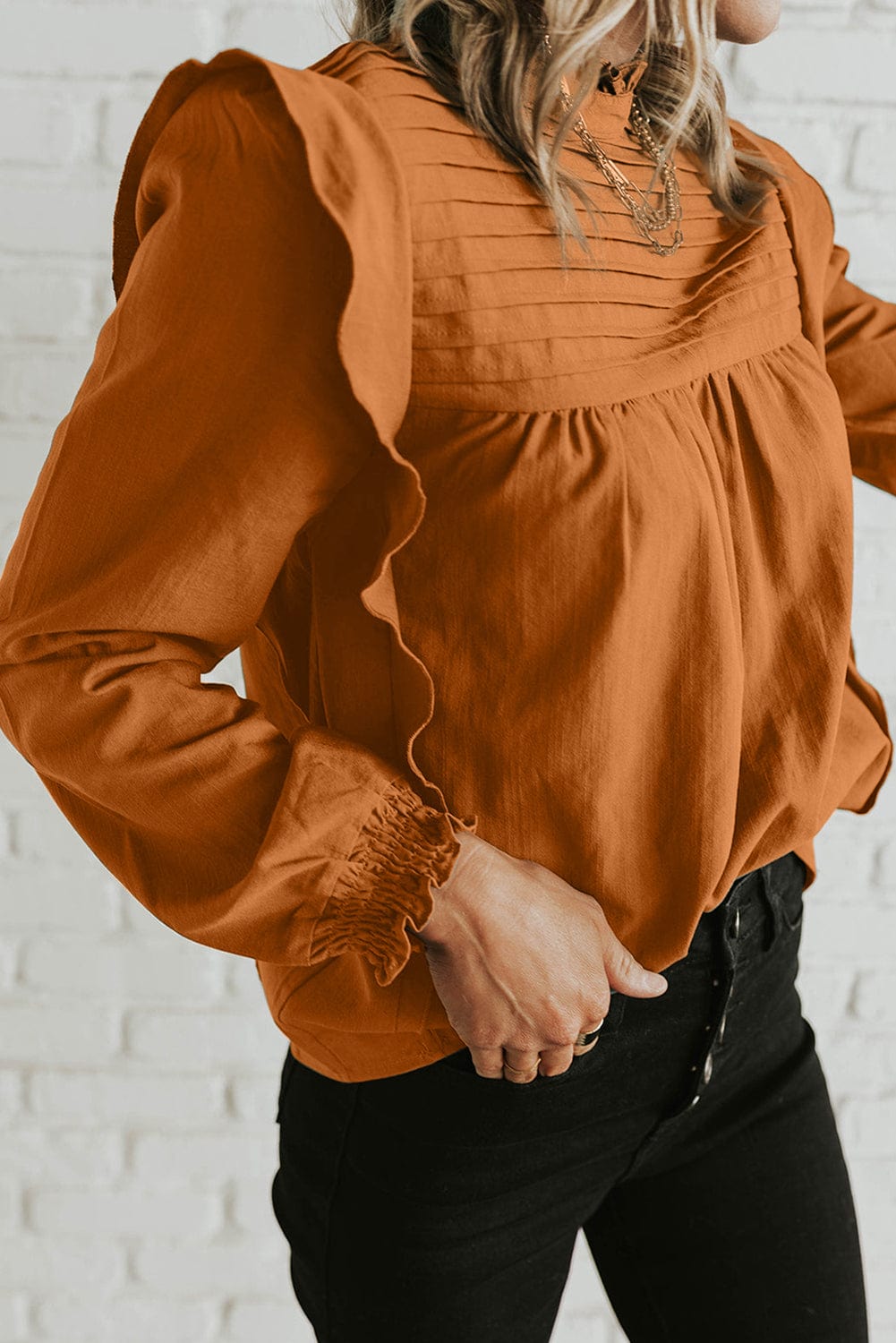 Elegant Camel Ruffle Sleeve Stand Neck Blouse