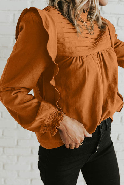 Elegant Camel Ruffle Sleeve Stand Neck Blouse