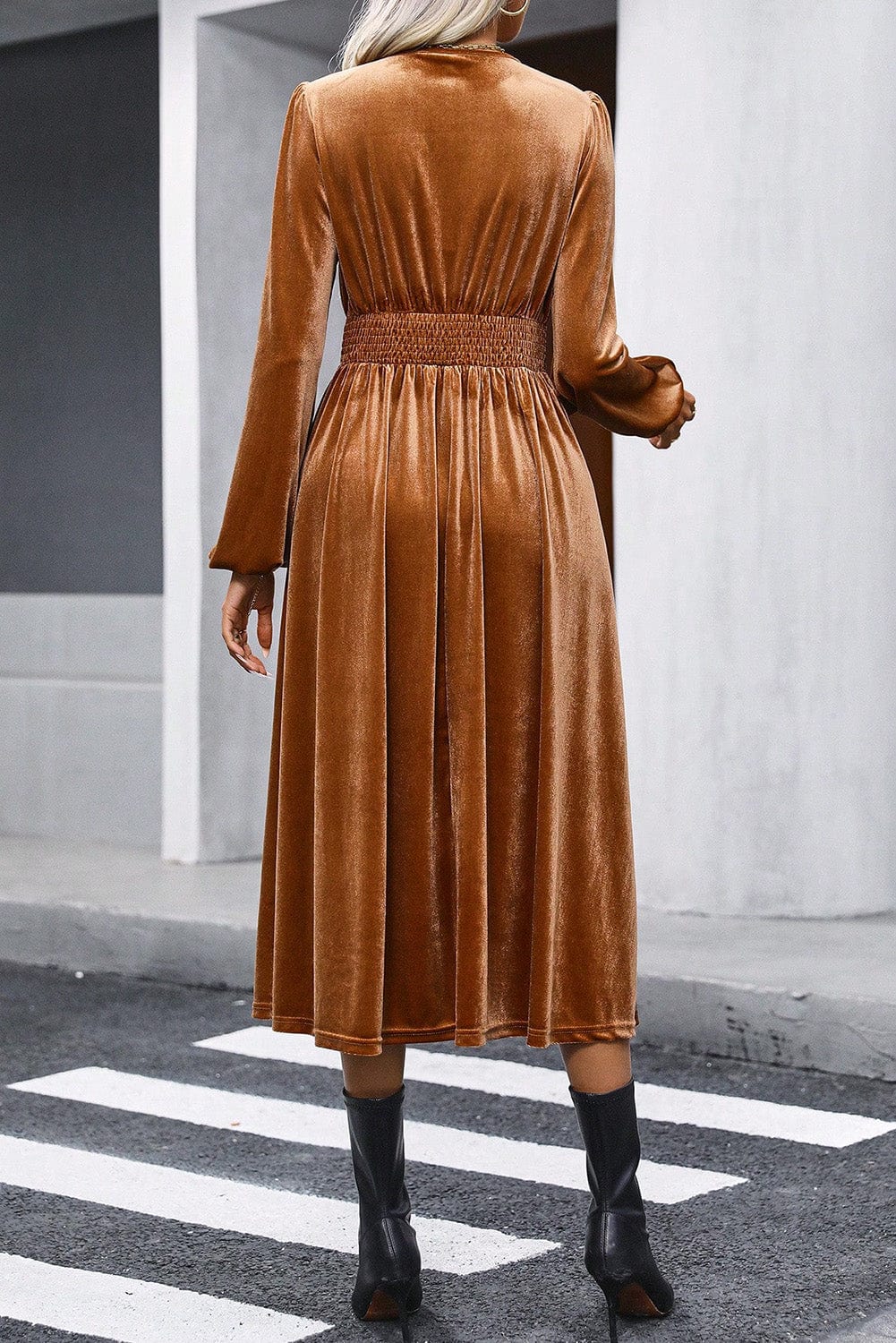 Elegant Camel Velvet V Neck Midi Dress with Smocked High Waist