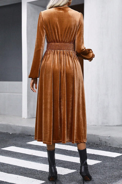 Elegant Camel Velvet V Neck Midi Dress with Smocked High Waist