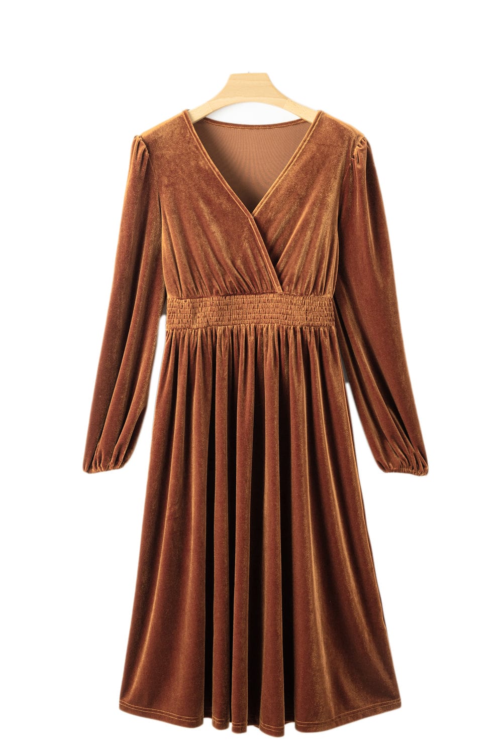 Elegant Camel Velvet V Neck Midi Dress with Smocked High Waist