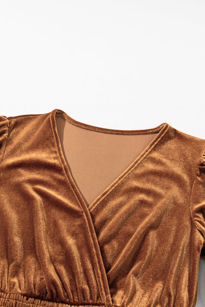Elegant Camel Velvet V Neck Midi Dress with Smocked High Waist
