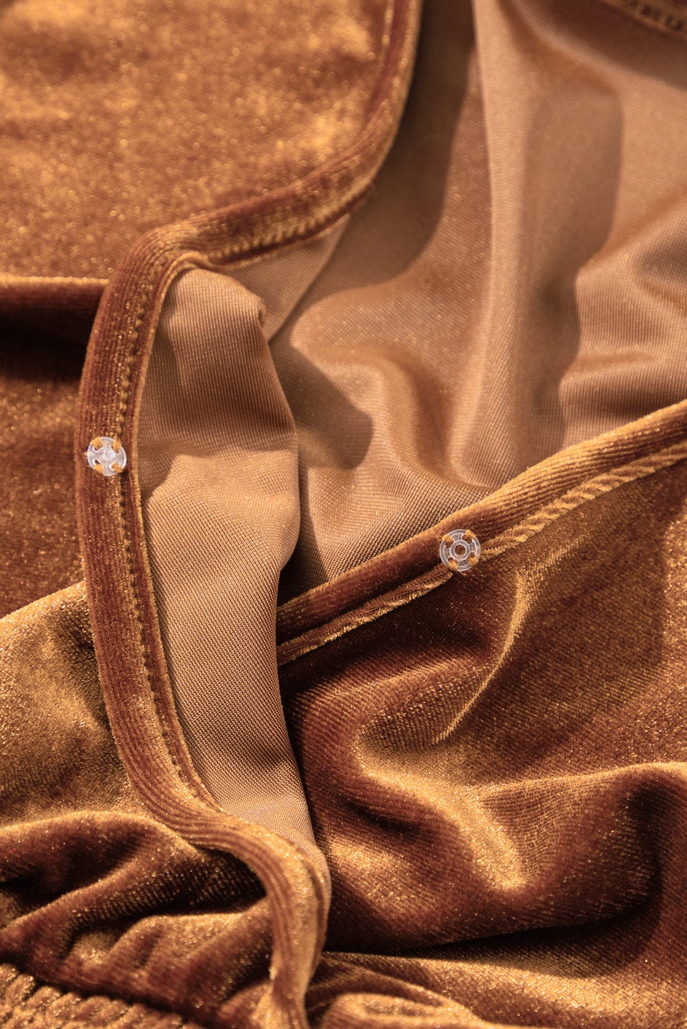 Elegant Camel Velvet V Neck Midi Dress with Smocked High Waist