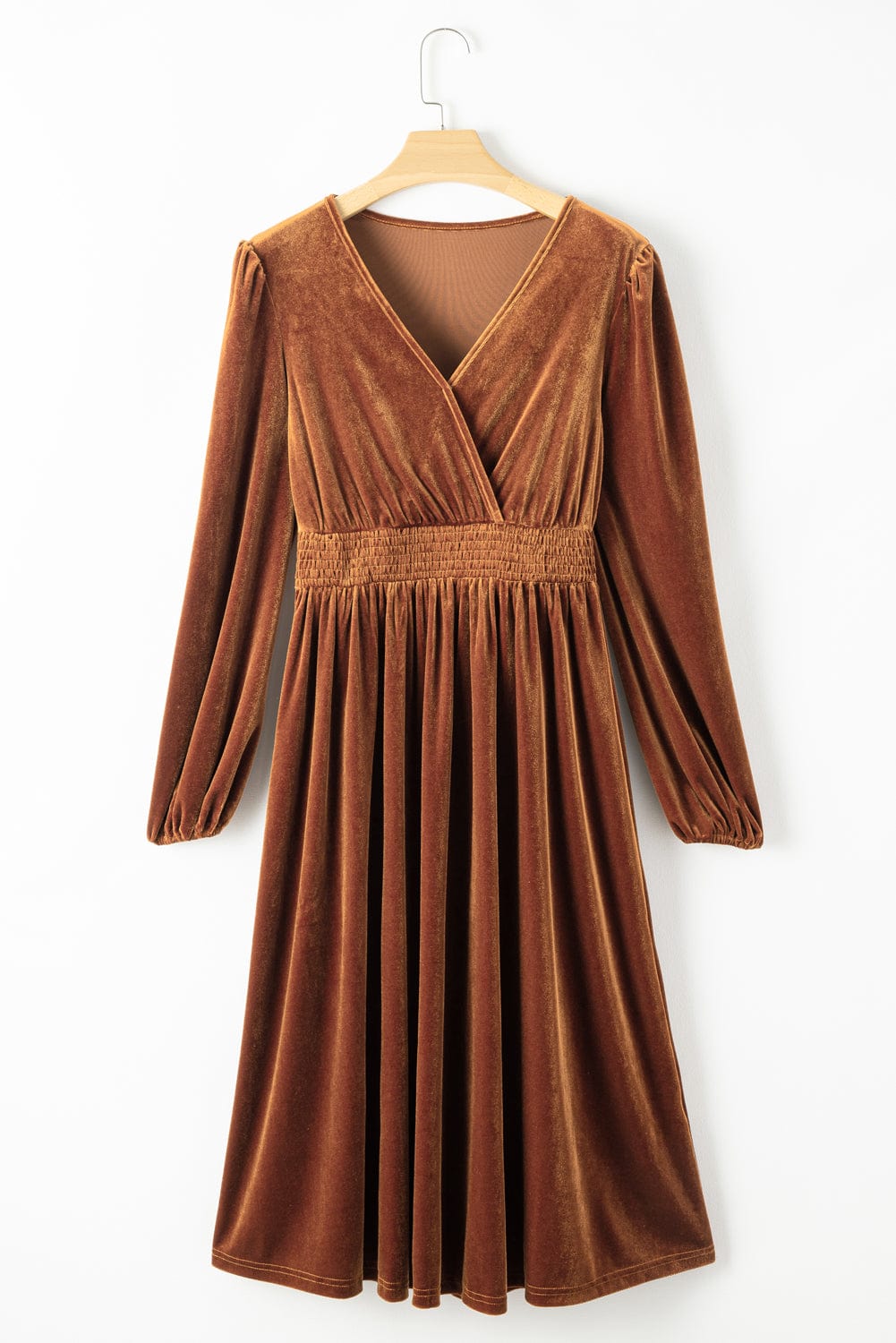 Elegant Camel Velvet V Neck Midi Dress with Smocked High Waist