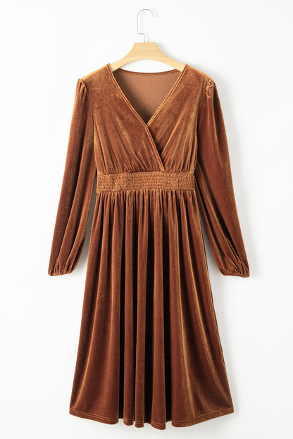 Elegant Camel Velvet V Neck Midi Dress with Smocked High Waist