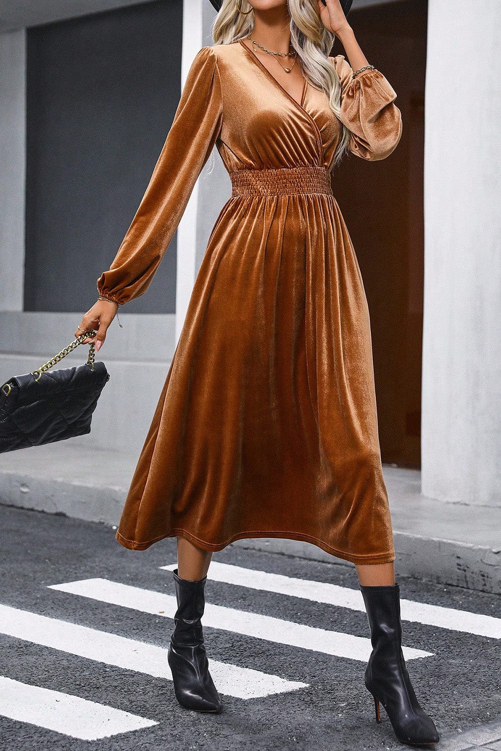 Elegant Camel Velvet V Neck Midi Dress with Smocked High Waist