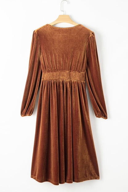 Elegant Camel Velvet V Neck Midi Dress with Smocked High Waist