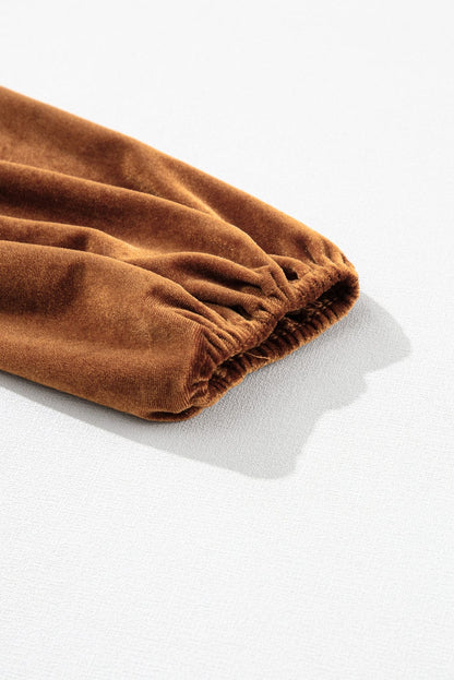 Elegant Camel Velvet V Neck Midi Dress with Smocked High Waist