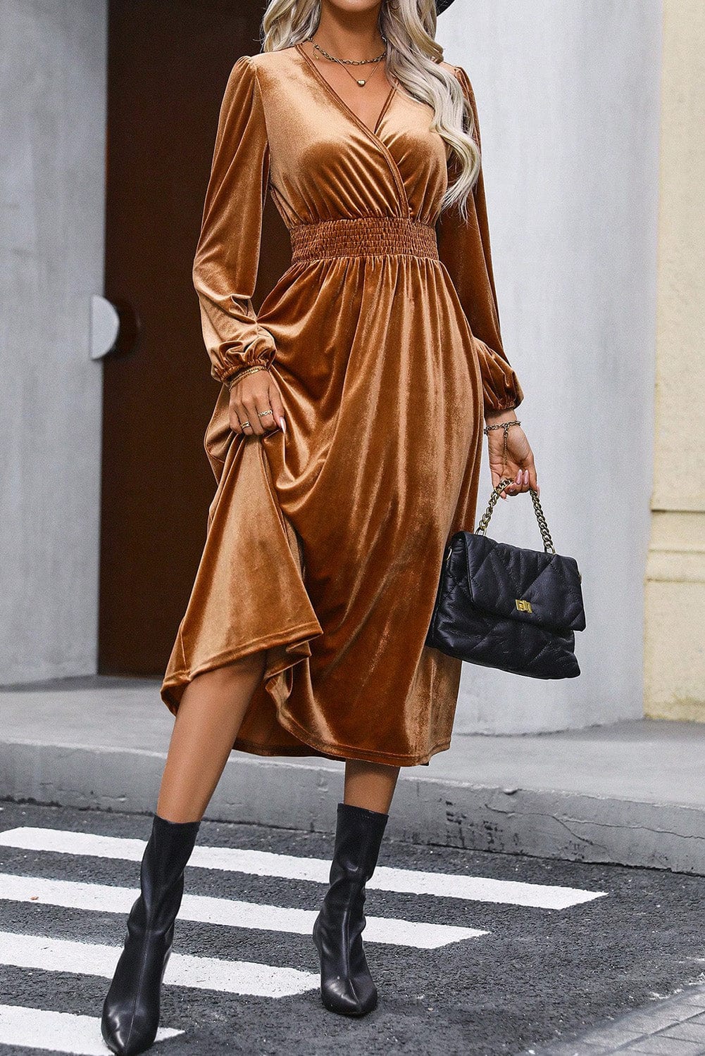 Elegant Camel Velvet V Neck Midi Dress with Smocked High Waist