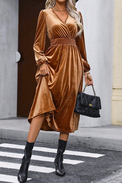Elegant Camel Velvet V Neck Midi Dress with Smocked High Waist
