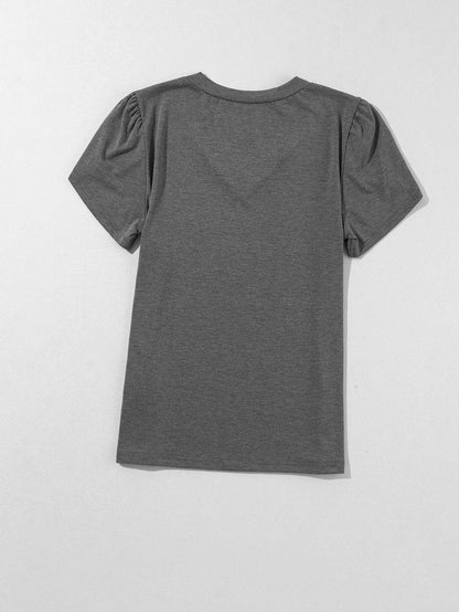 Elegant Carbon Grey V Neck T Shirt with Petal Sleeves