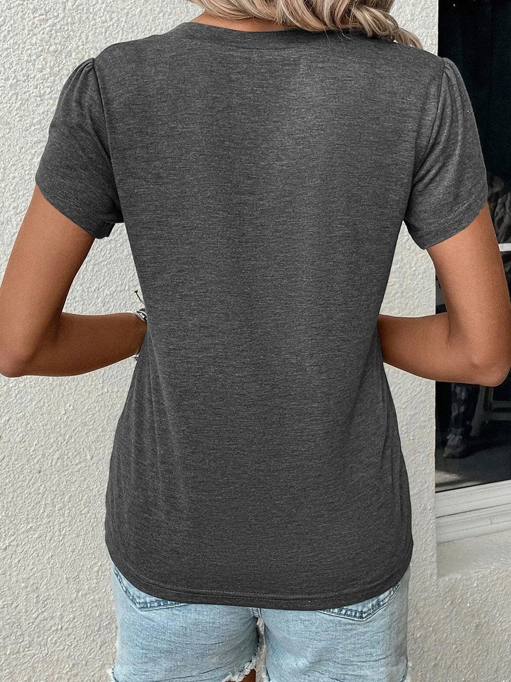 Elegant Carbon Grey V Neck T Shirt with Petal Sleeves