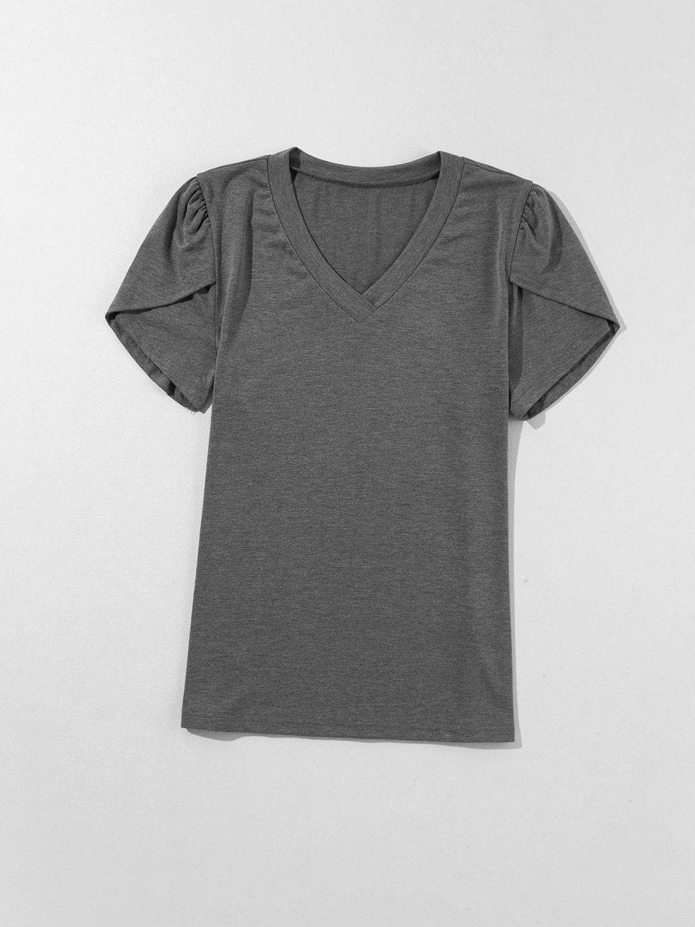 Elegant Carbon Grey V Neck T Shirt with Petal Sleeves