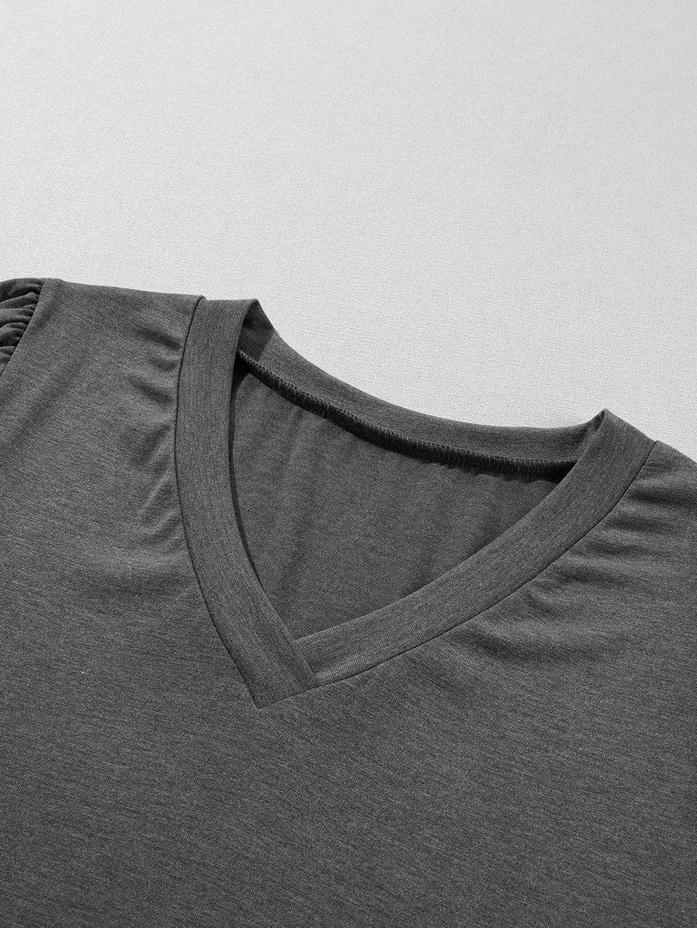 Elegant Carbon Grey V Neck T Shirt with Petal Sleeves