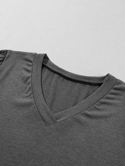 Elegant Carbon Grey V Neck T Shirt with Petal Sleeves
