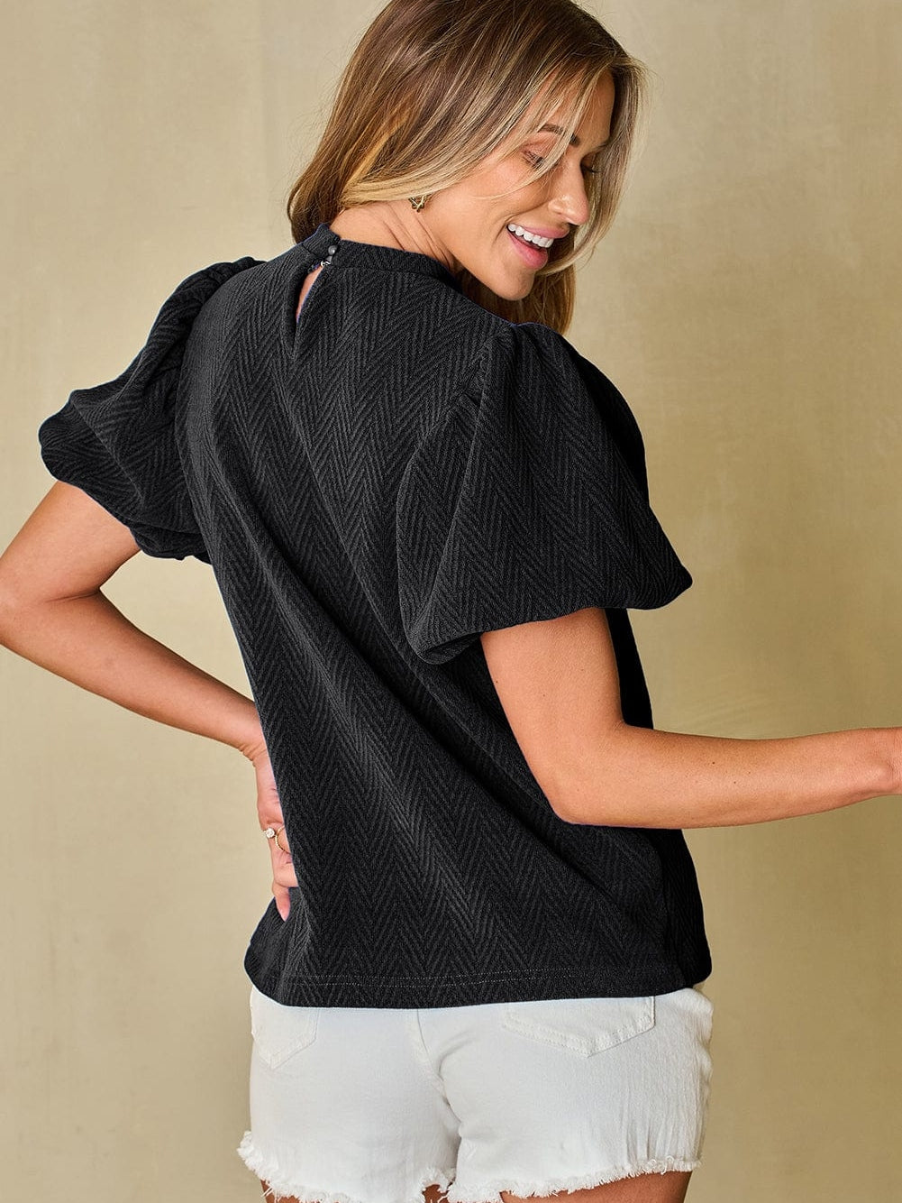 Elegant Chevron Textured Stand Neck Blouse