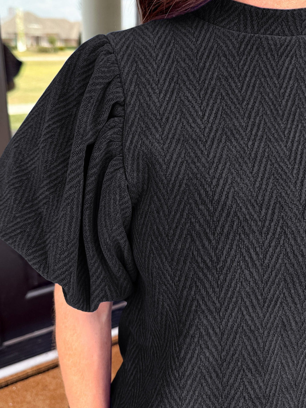 Elegant Chevron Textured Stand Neck Blouse