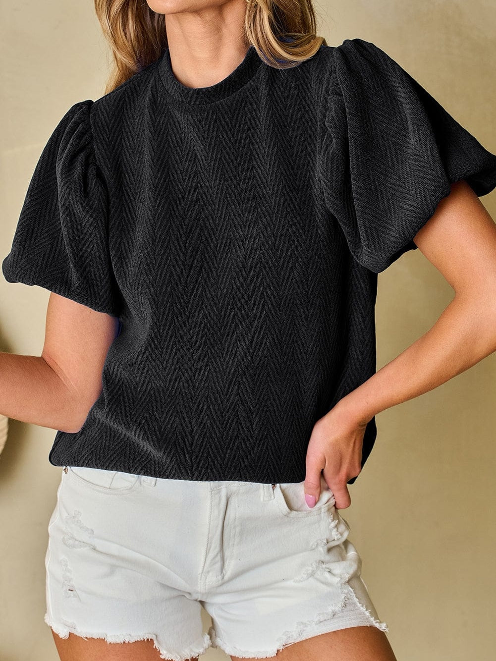 Elegant Chevron Textured Stand Neck Blouse