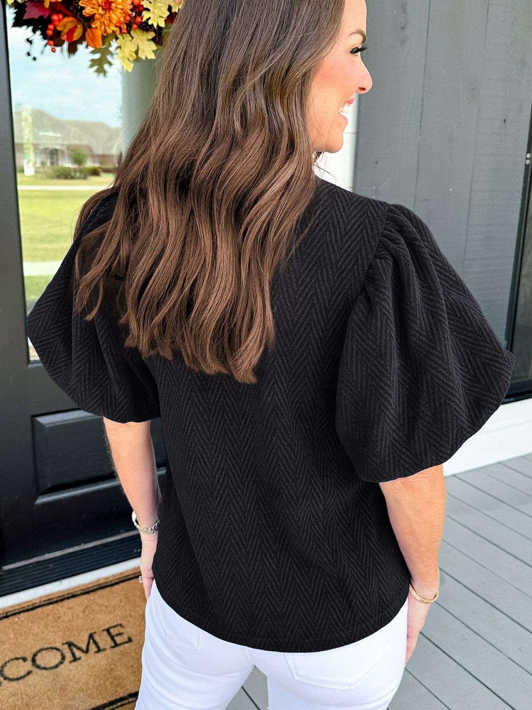 Elegant Chevron Textured Stand Neck Blouse