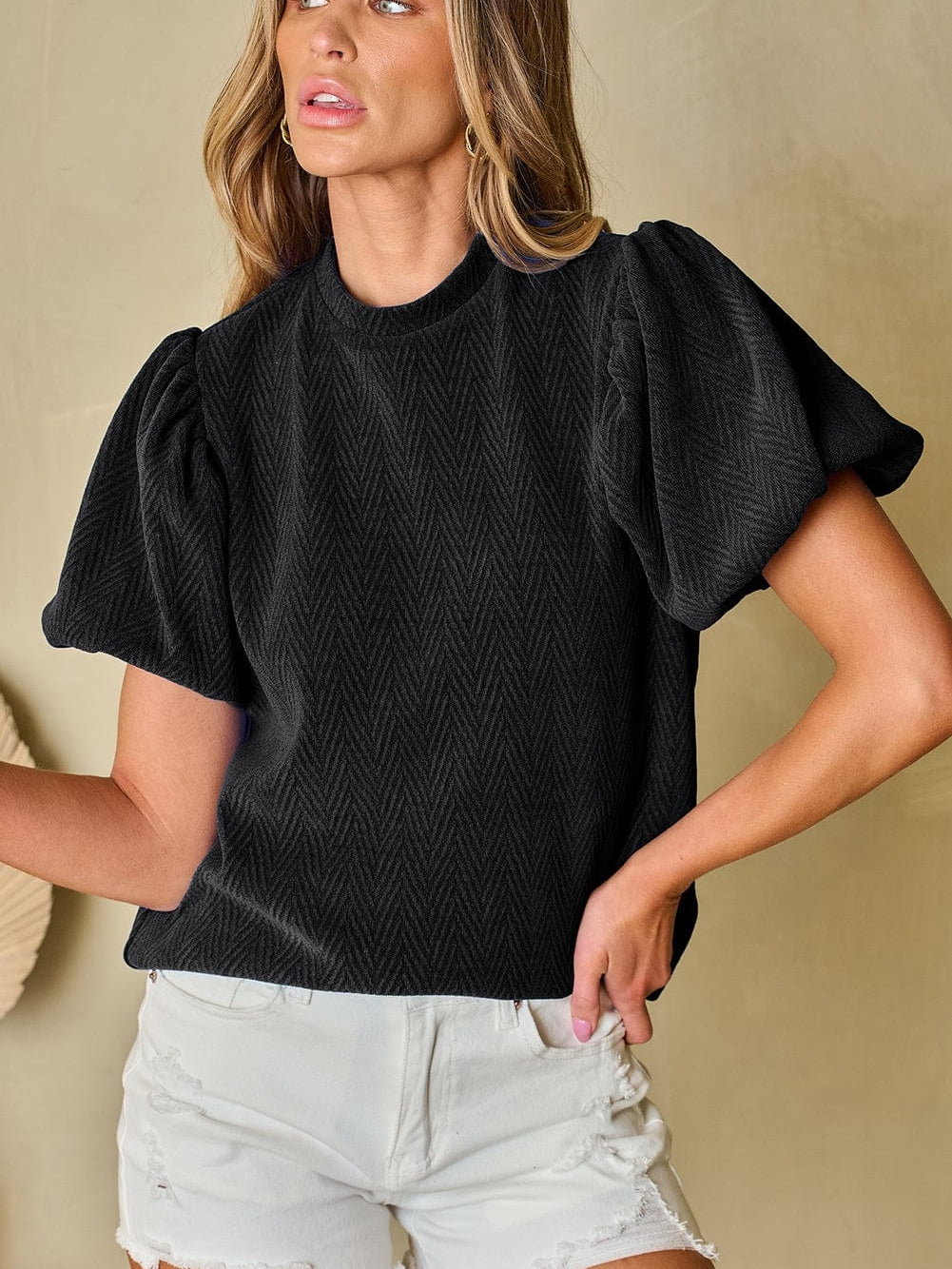 Elegant Chevron Textured Stand Neck Blouse