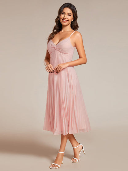 Elegant Chiffon Bownot Neck Midi Length Wedding Guest Dress