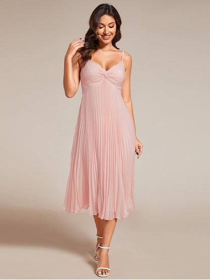 Elegant Chiffon Bownot Neck Midi Length Wedding Guest Dress