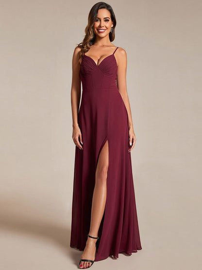 Elegant Chiffon Bridesmaid Gown with Spaghetti Straps and High Split