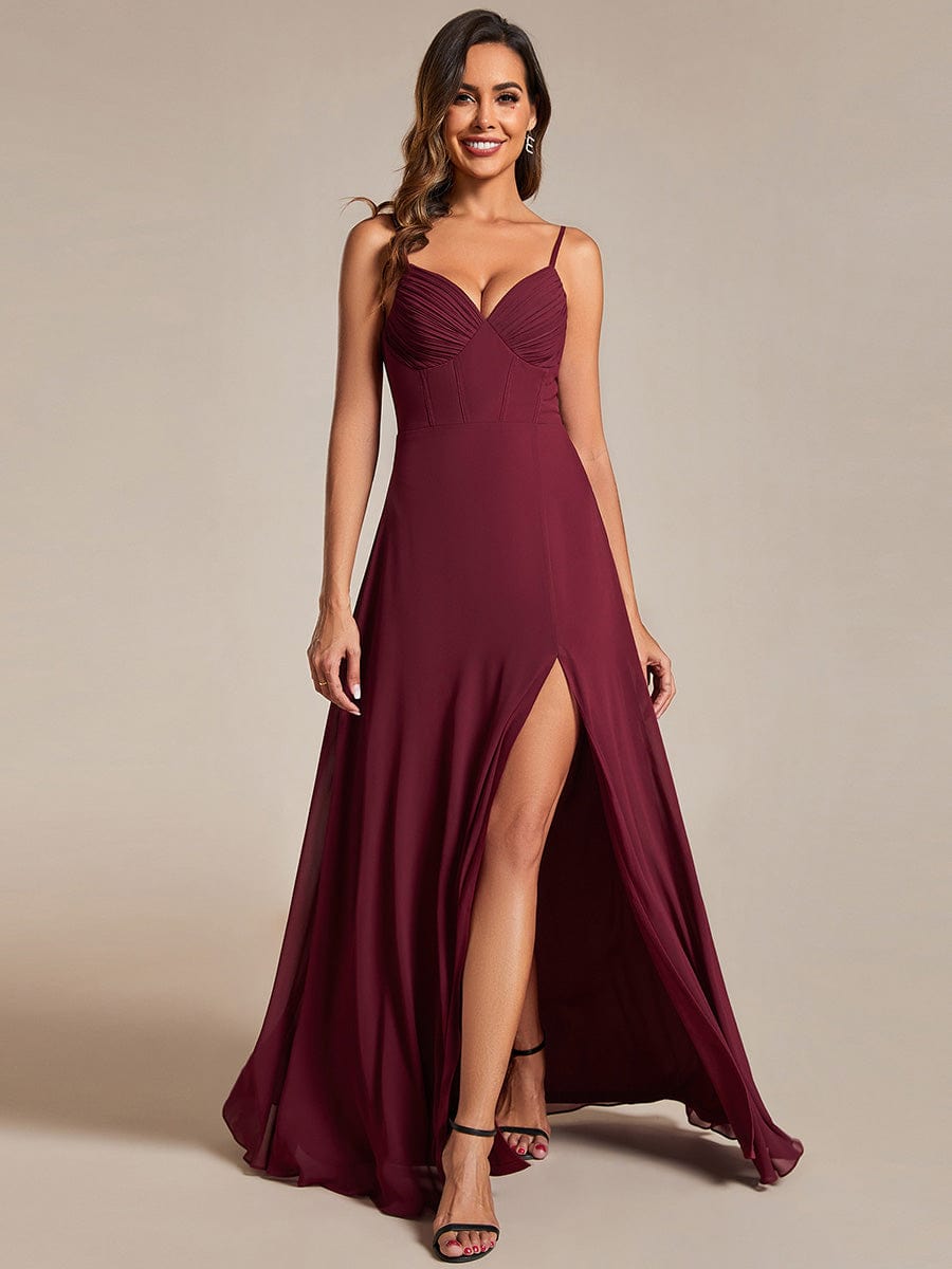 Elegant Chiffon Bridesmaid Gown with Spaghetti Straps and High Split