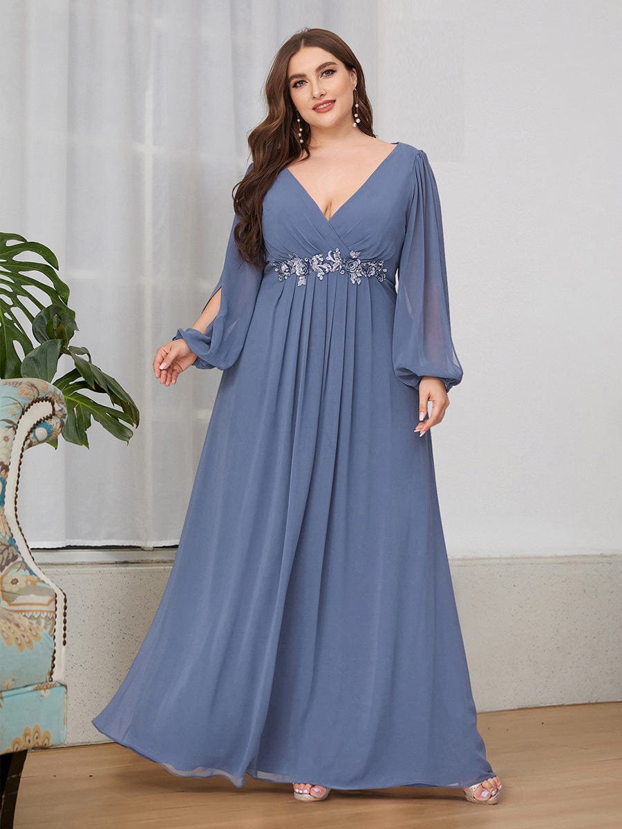 Elegant Chiffon Evening Gown for Plus Size Women with Lantern Sleeves