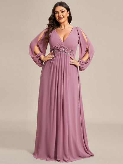 Elegant Chiffon Evening Gown for Plus Size Women with Lantern Sleeves