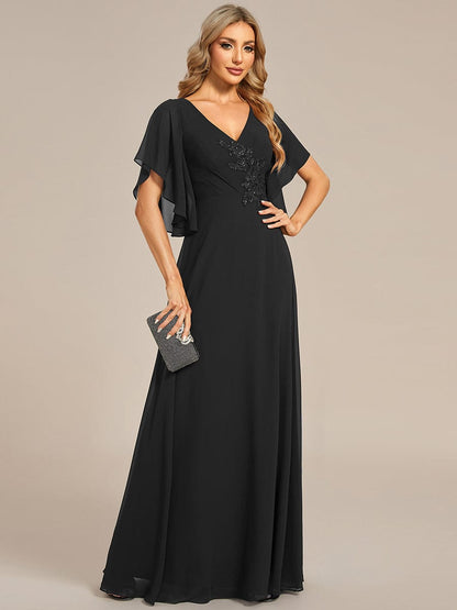 Elegant Chiffon Floral Embroidered Maxi Dress with Short Sleeves