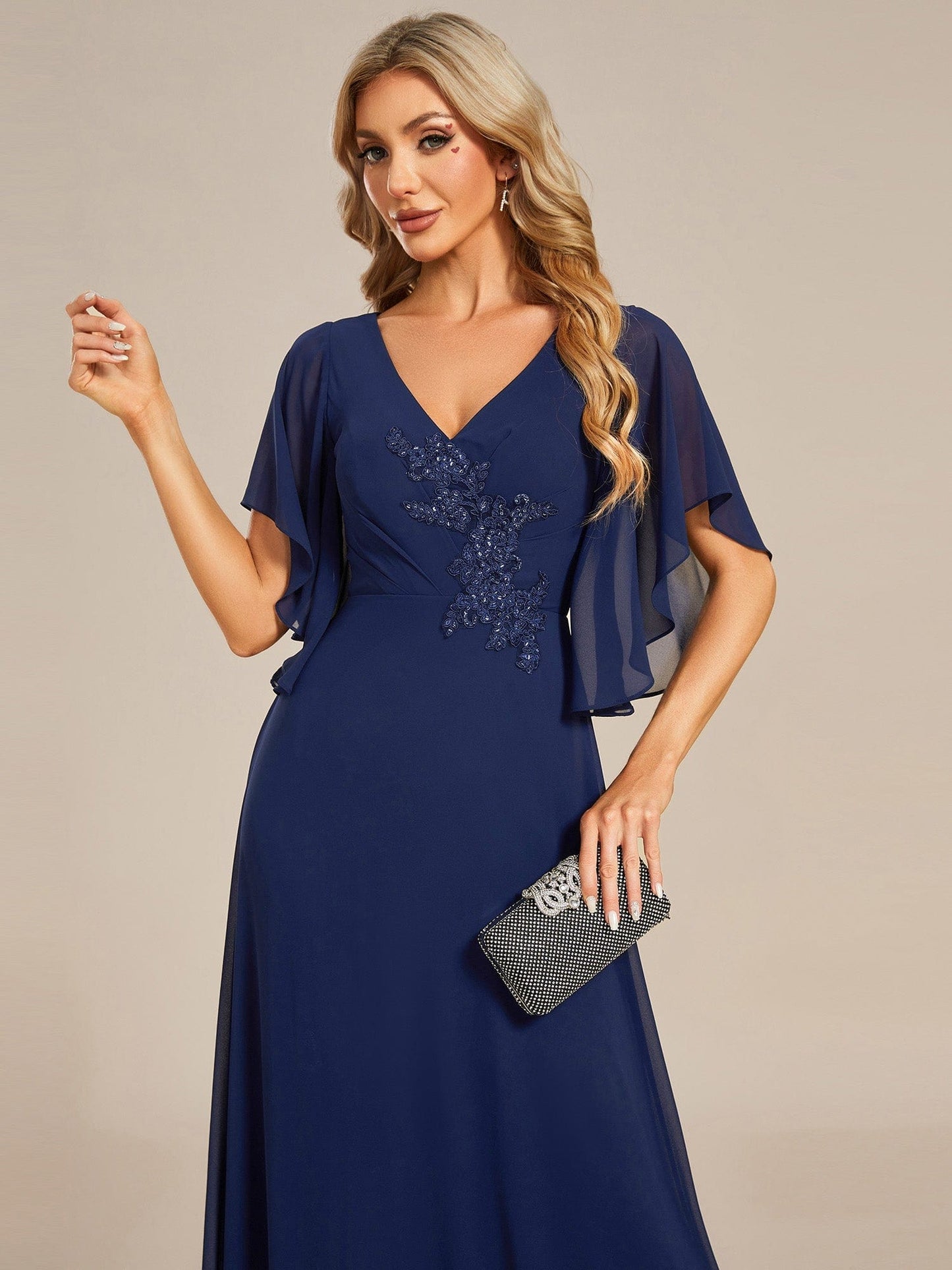 Elegant Chiffon Floral Embroidered Maxi Dress with Short Sleeves