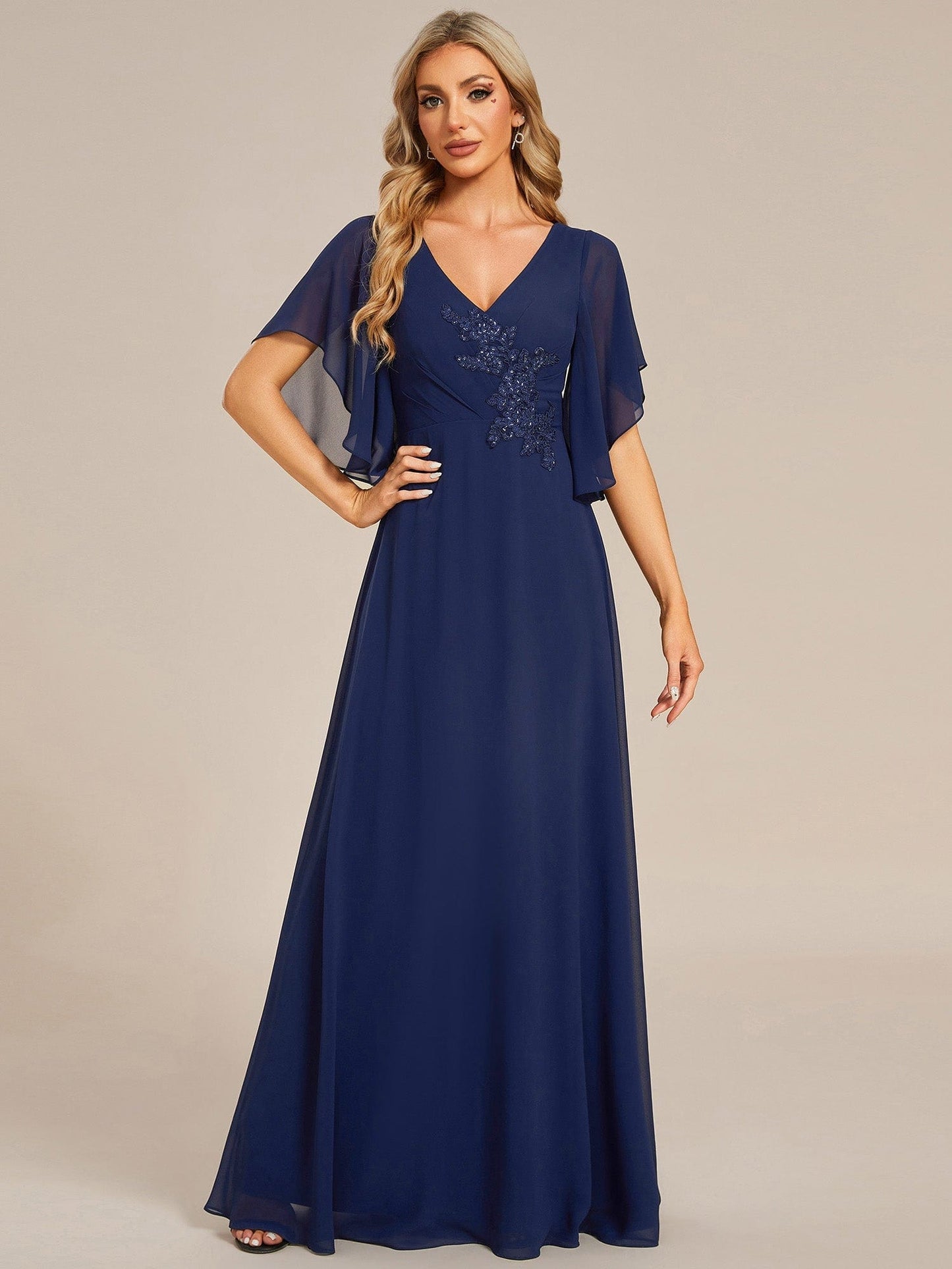 Elegant Chiffon Floral Embroidered Maxi Dress with Short Sleeves
