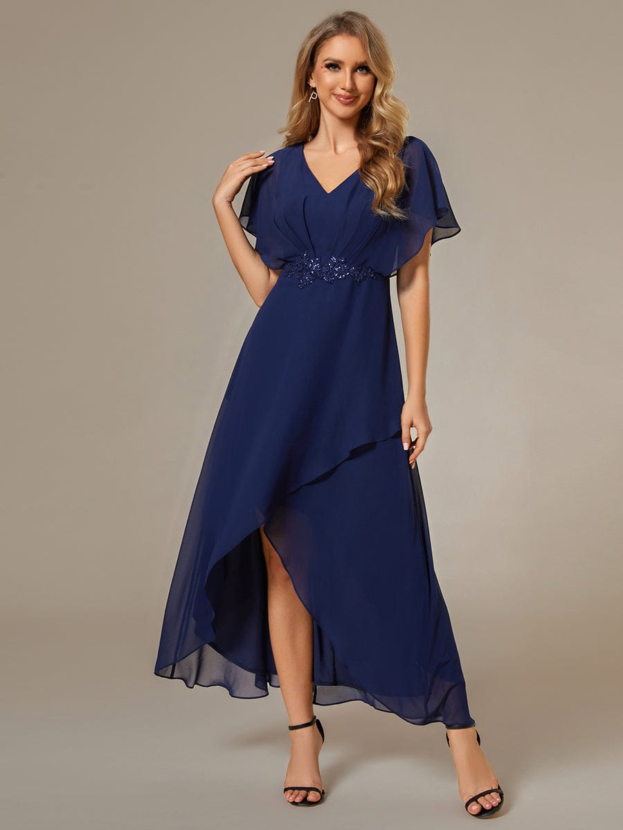 Elegant Chiffon Formal Dress with Lotus Leaf Hem and Short Sleeves