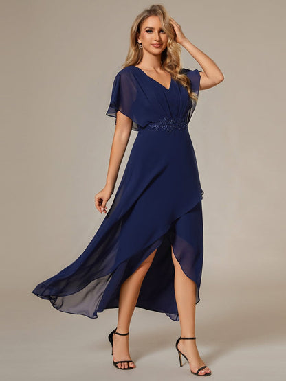 Elegant Chiffon Formal Dress with Lotus Leaf Hem and Short Sleeves