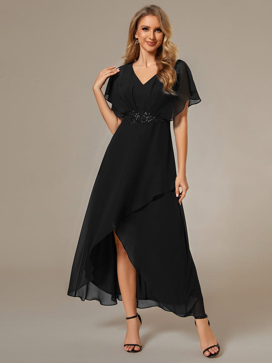 Elegant Chiffon Formal Dress with Lotus Leaf Hem and Short Sleeves