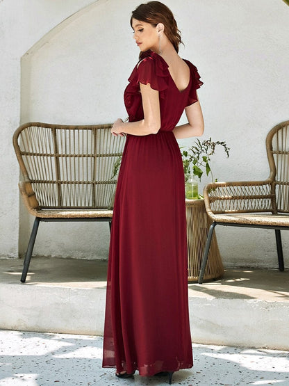 Elegant Chiffon Maxi Evening Gown With Ruffled Sleeves
